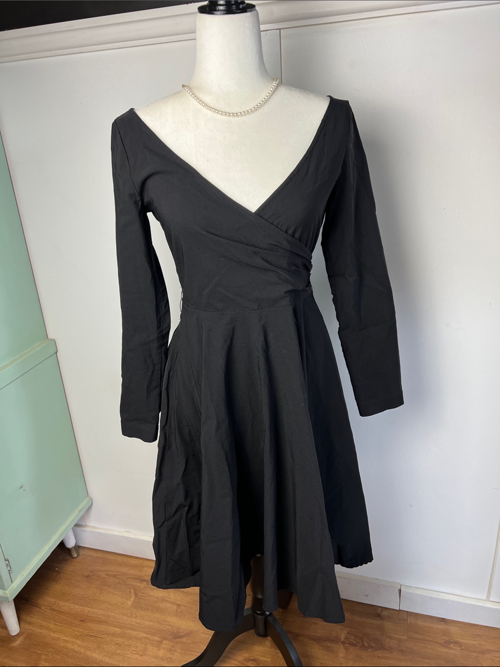 Collectif Black Wrap-Front Long Sleeve Fit-And-Flare Dress